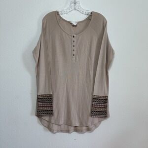 Loveriche Beige Long Sleeve Henley Shirt Womens Size M FairIsle Sleeve